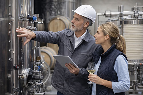 Technicien et œnologue analysant une cuverie inox en cave vinicole avec équipements de filtration et contrôle