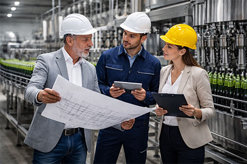 Ingénieurs et techniciens travaillant sur l’implantation d’une ligne d’embouteillage industrielle avec plans et tablette