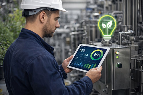 Technicien analysant les performances énergétiques d'une ligne industrielle avec indicateurs de consommation et optimisation