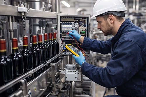 Technicien intervenant en dépannage sur une ligne d’embouteillage vinicole avec contrôle électrique et diagnostic